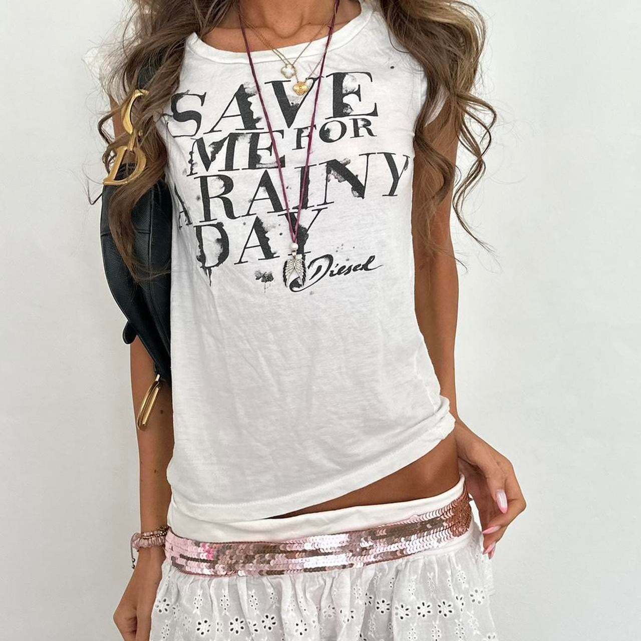 Vintage slogan ‘save me for a rainy day’ Diesel top