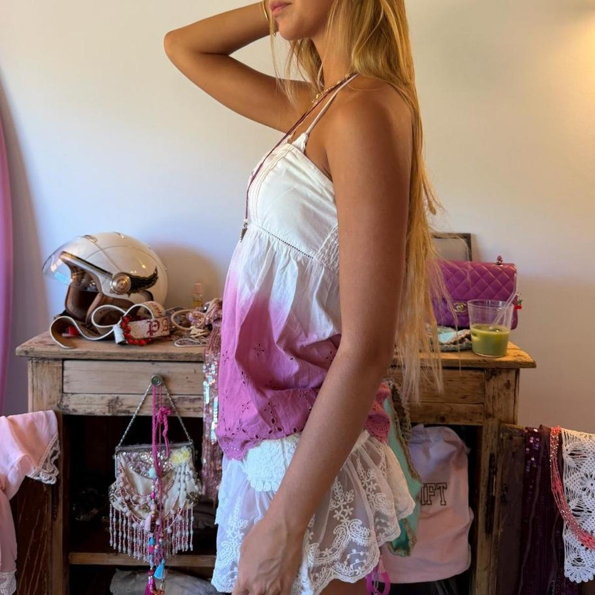 Vintage 00s pink ombre broderie strapless top