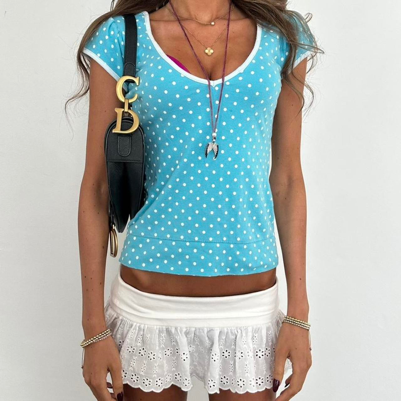 Vintage aqua blue polka dots top