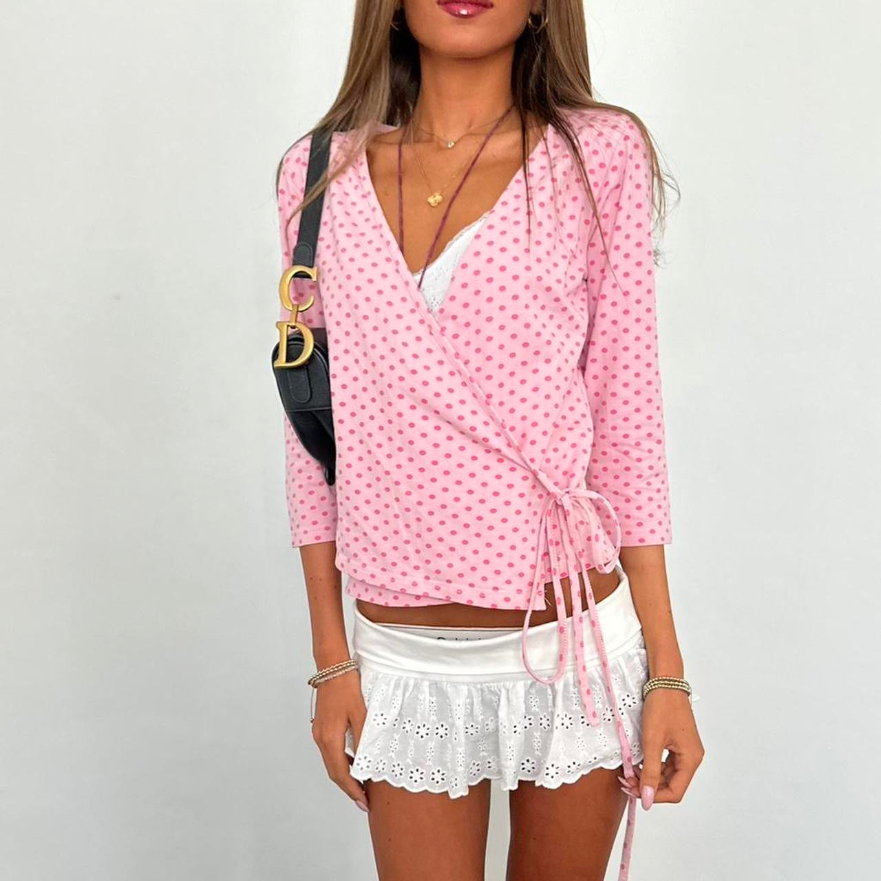 Vintage 2000s pink polka dot wrap cardigan top