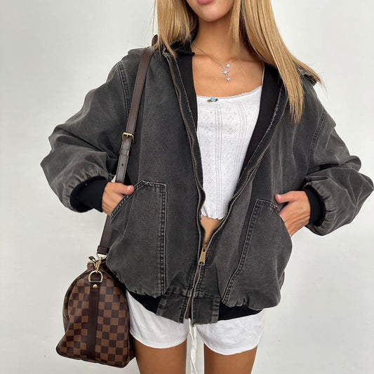 Vintage 90’s grey distressed faded hooded bomber jacket