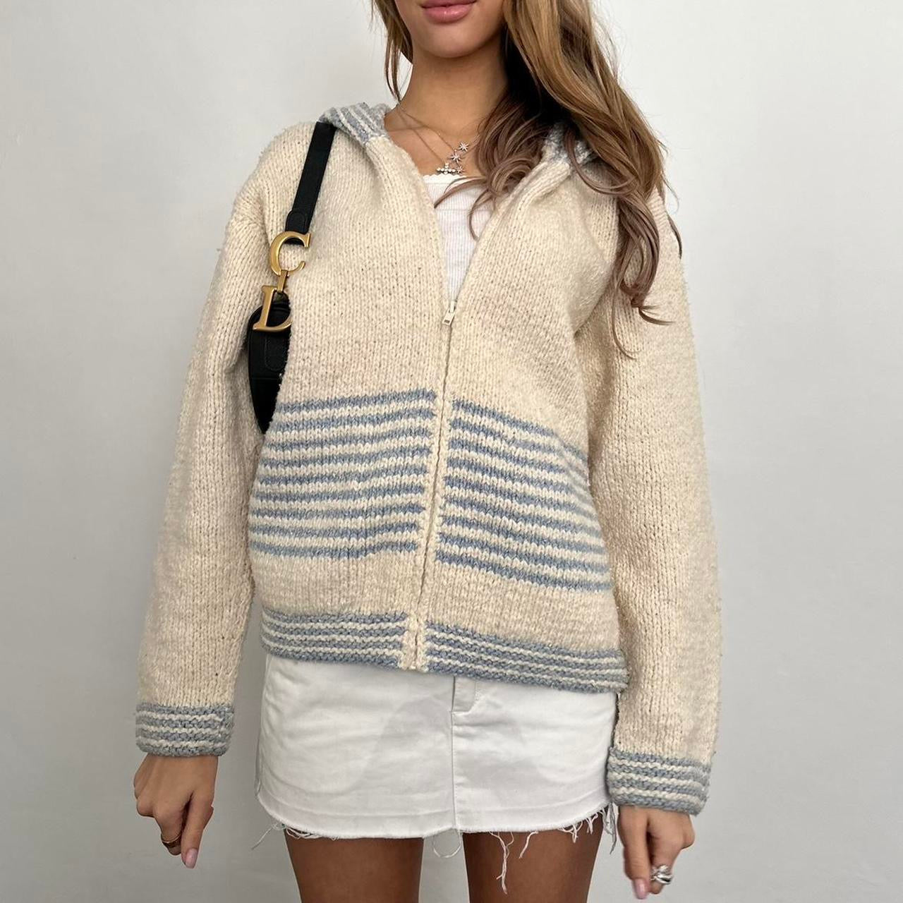 Vintage knitted blue and cream striped zip up jacket