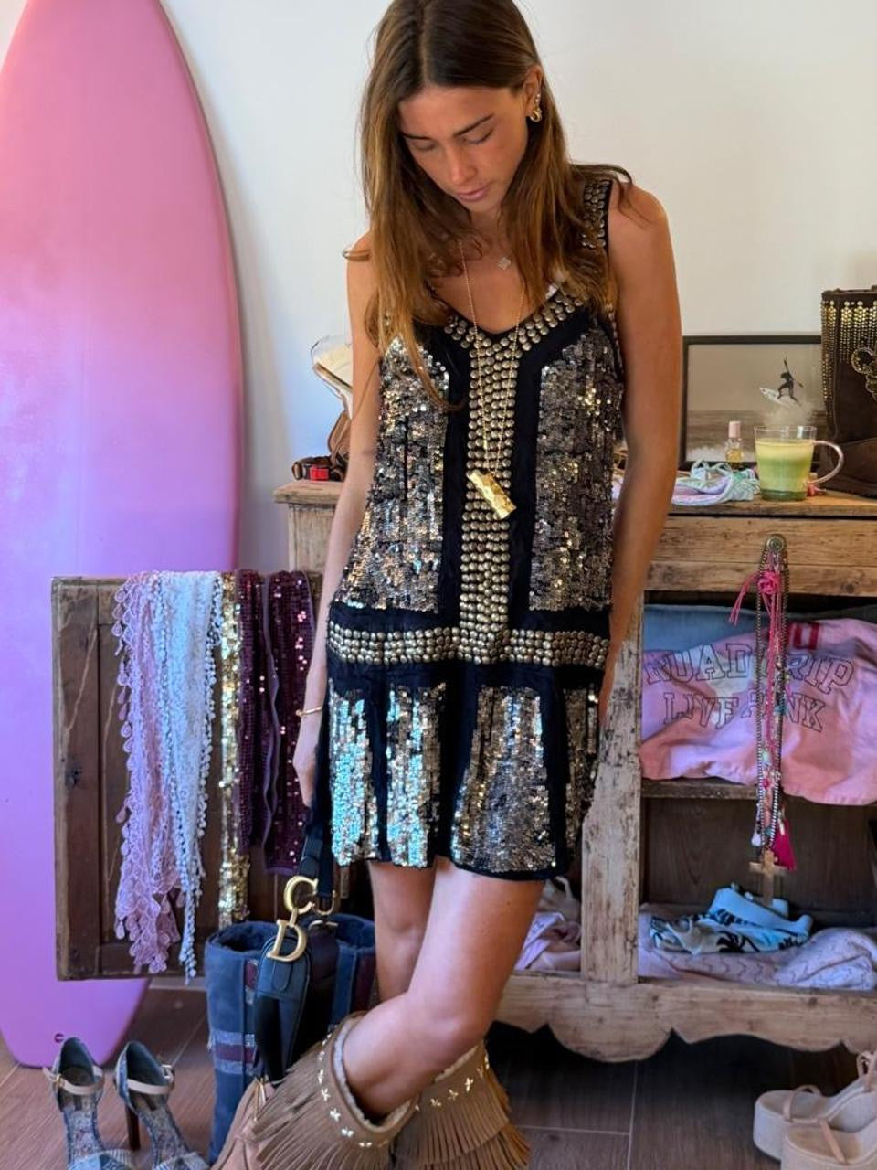 Vintage 00’s bohemian studded black and silver cool dress