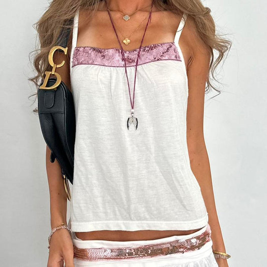 Vintage 00s pink sequin white cami top