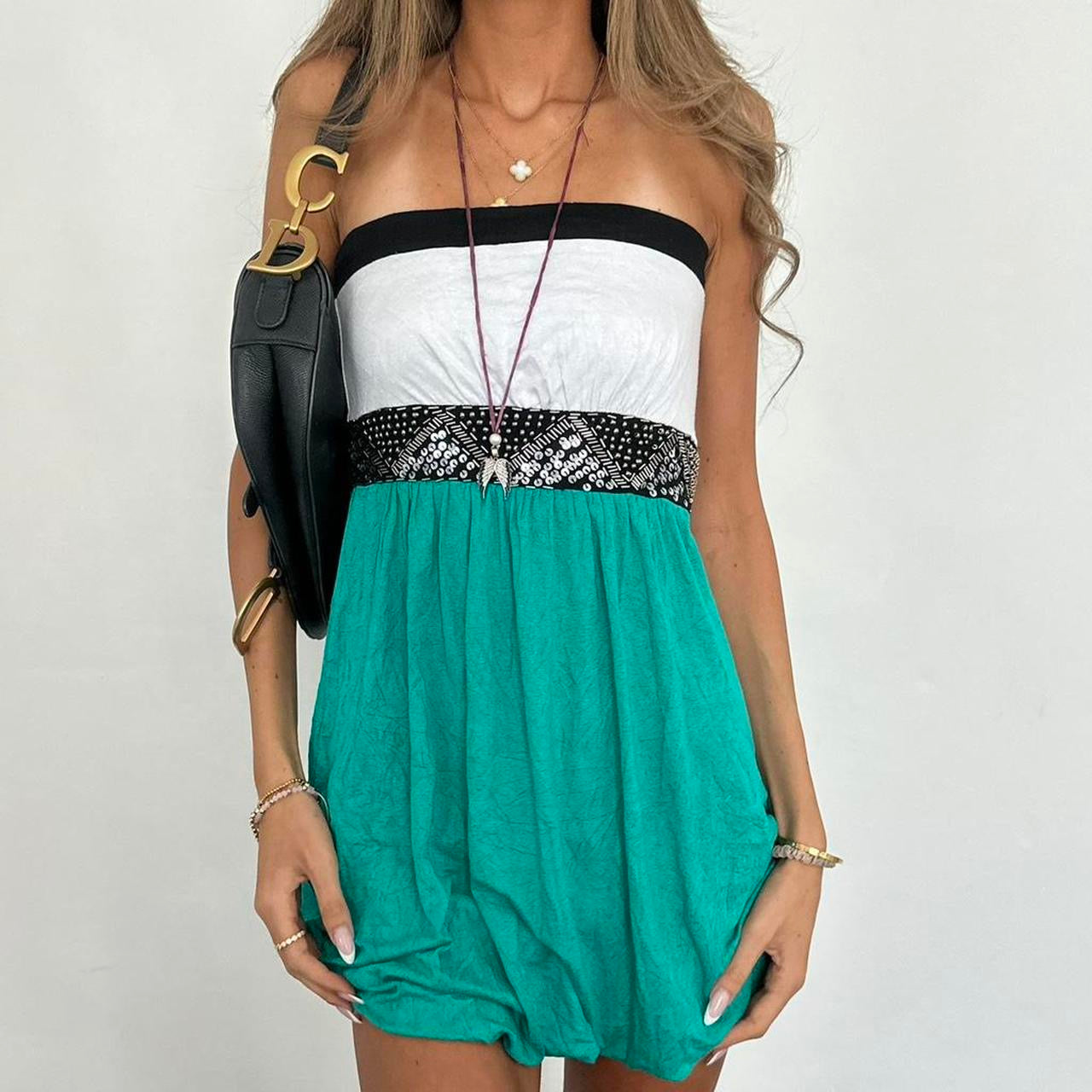 Vintage 00s strapless turquoise boho mini dress