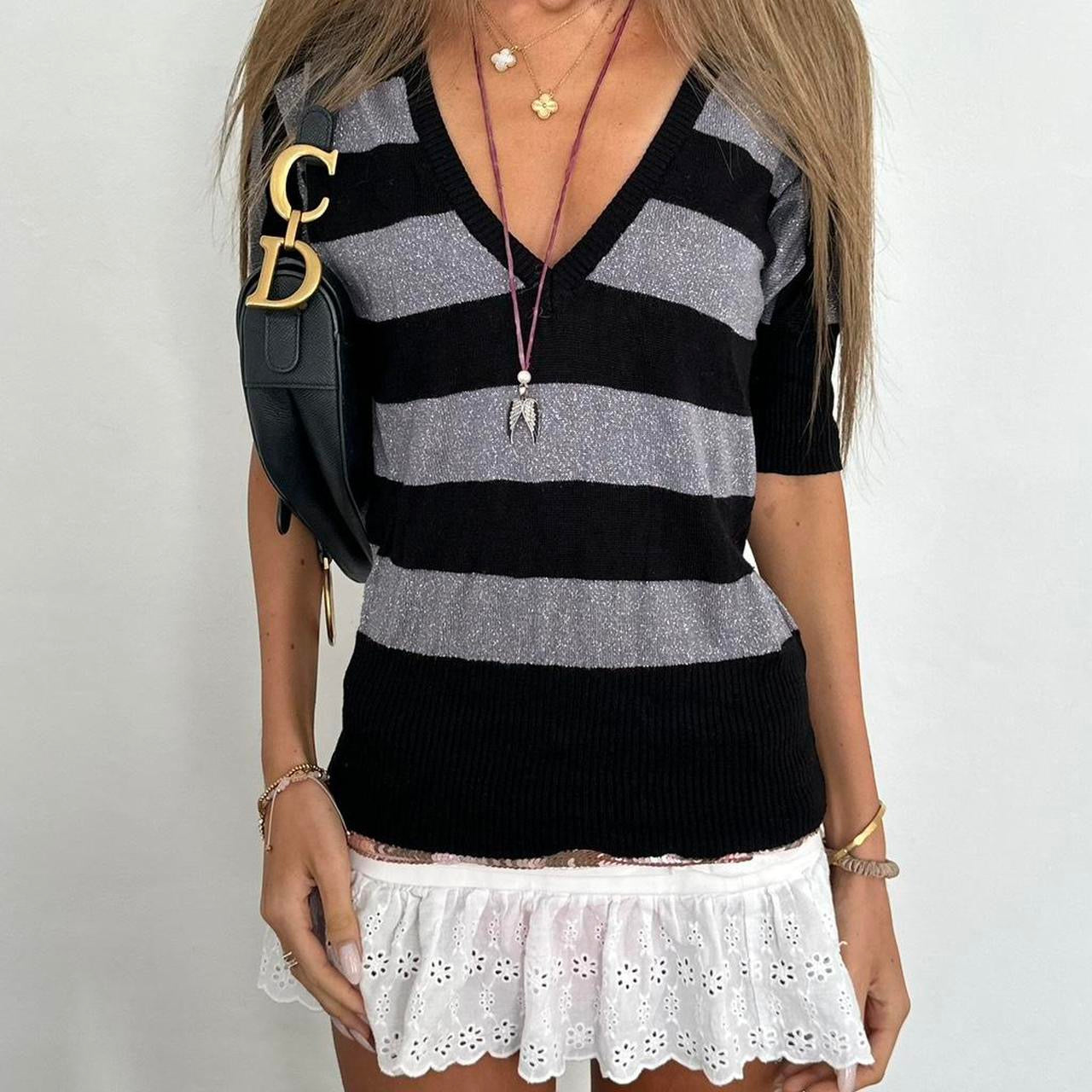 Vintage 00s grey and black sparkly striped top