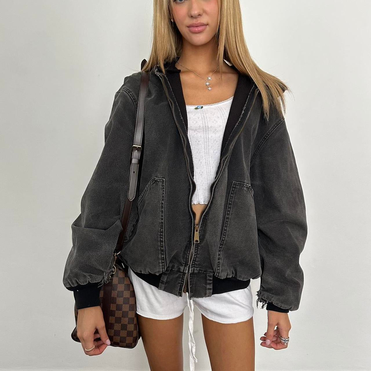 Vintage 90’s grey distressed faded hooded bomber jacket