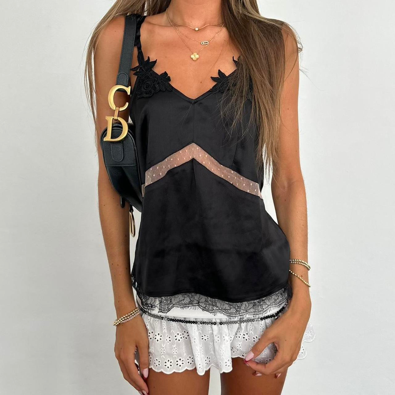 Vintage black silky and lace cami top