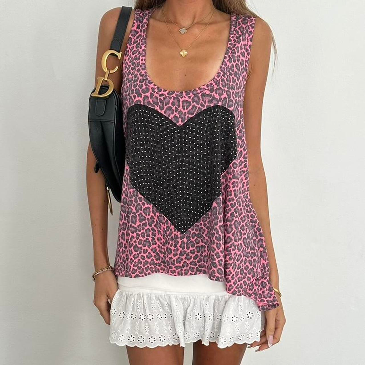 Vintage 00s pink leopard print heart top