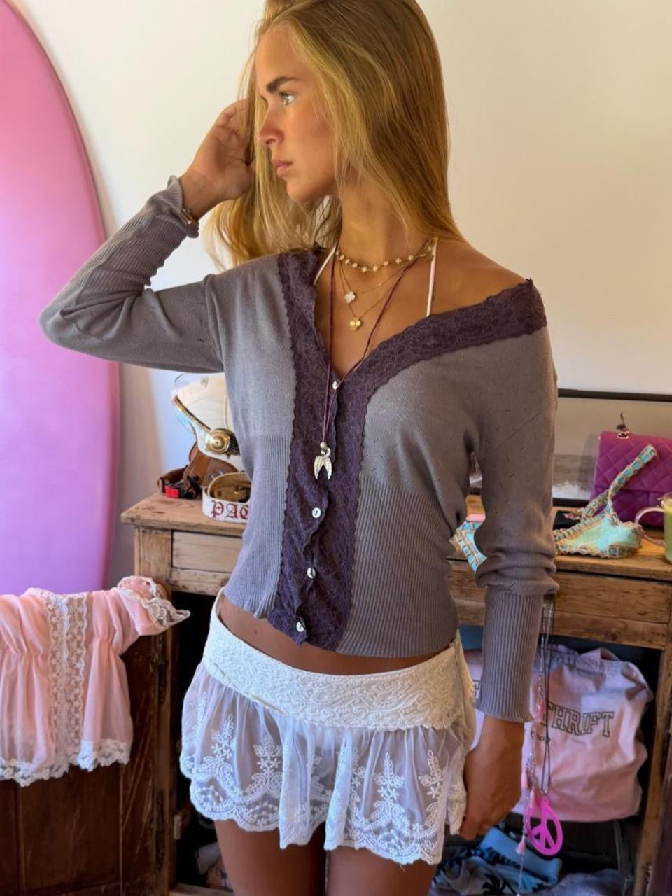 Vintage 00s pointelle grey & purple cardigan top
