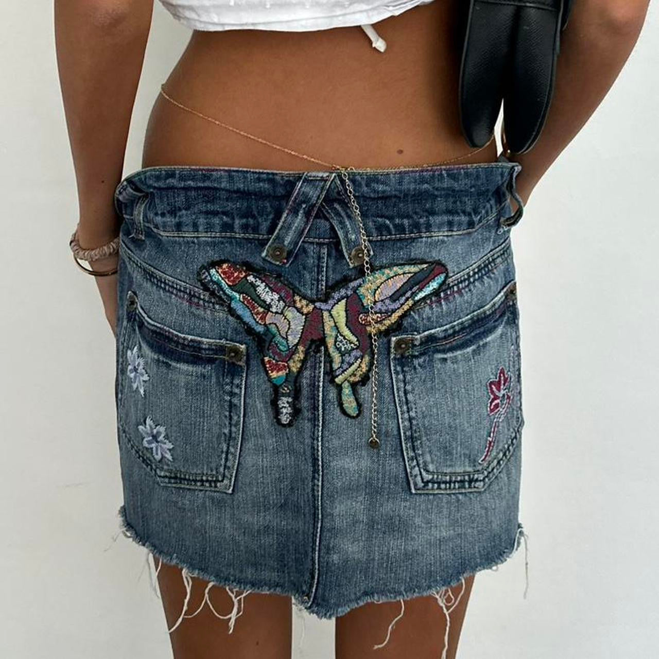 Vintage 00’s butterfly embroidered denim mini skirt