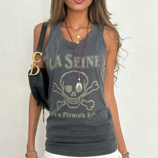 Vintage 00s grey skull and crossbones top