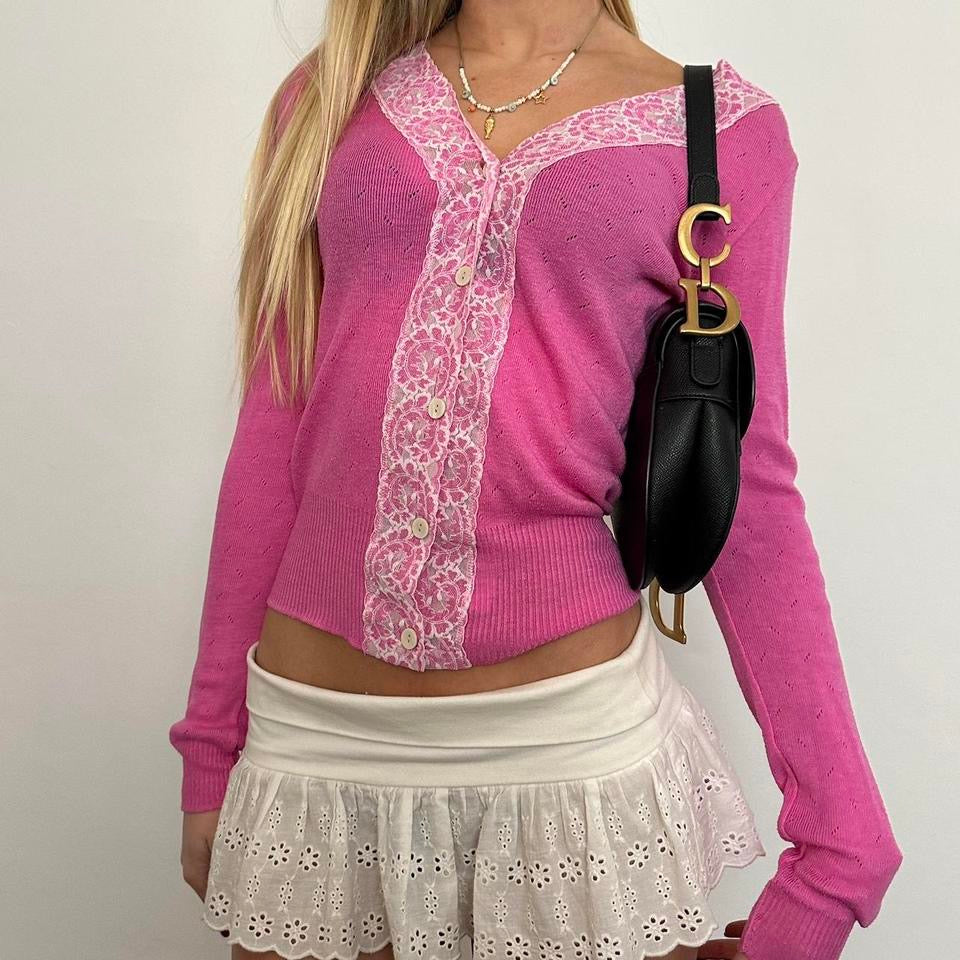 Vintage pink pointelle lace long sleeve top