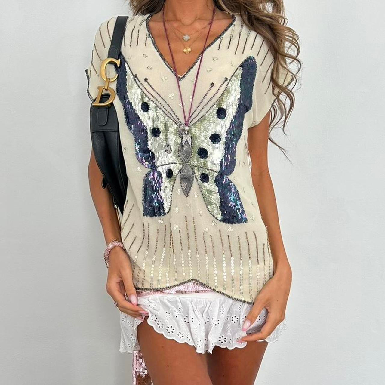 Vintage 00s sequin butterfly boho top