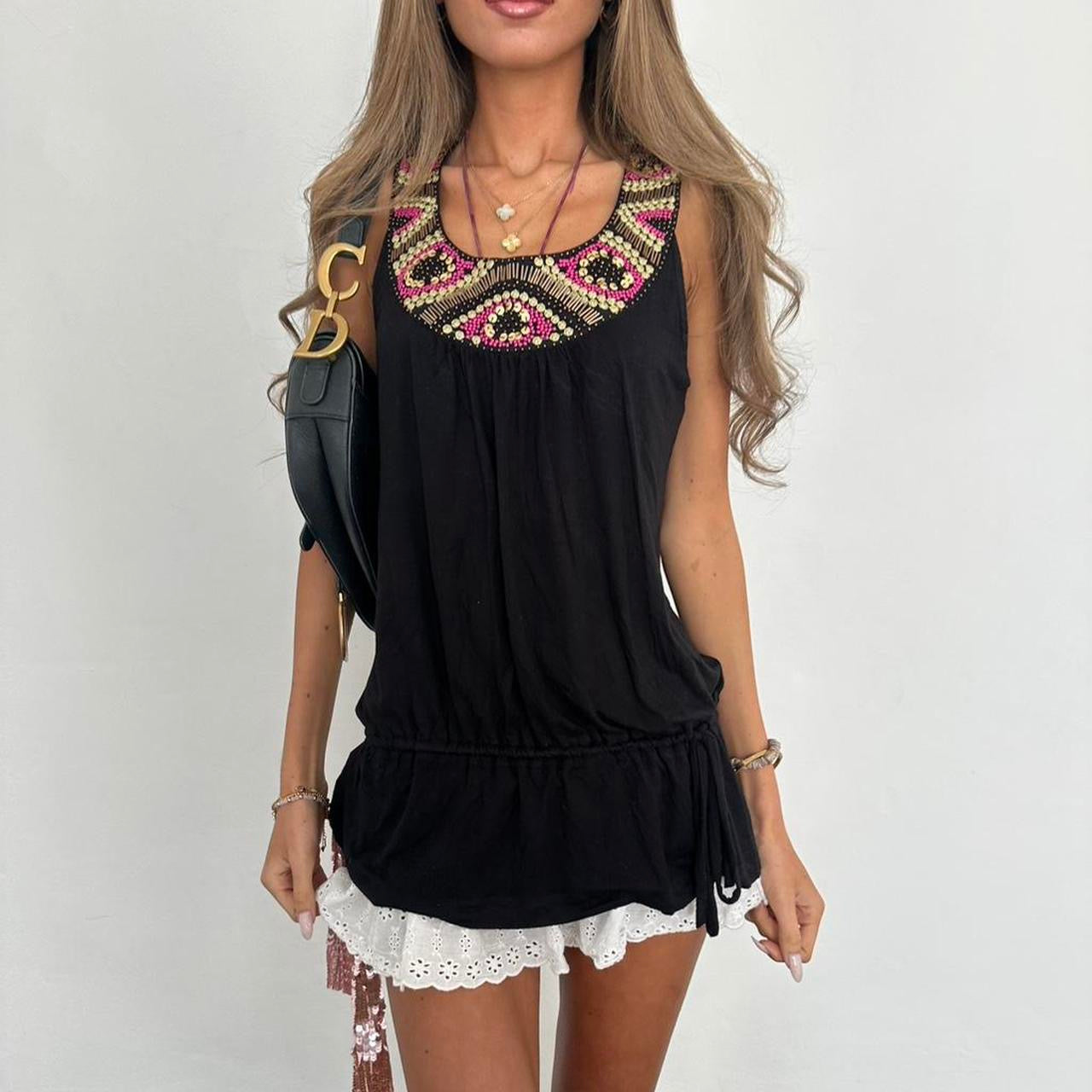 Vintage 00s black and pink beaded boho top