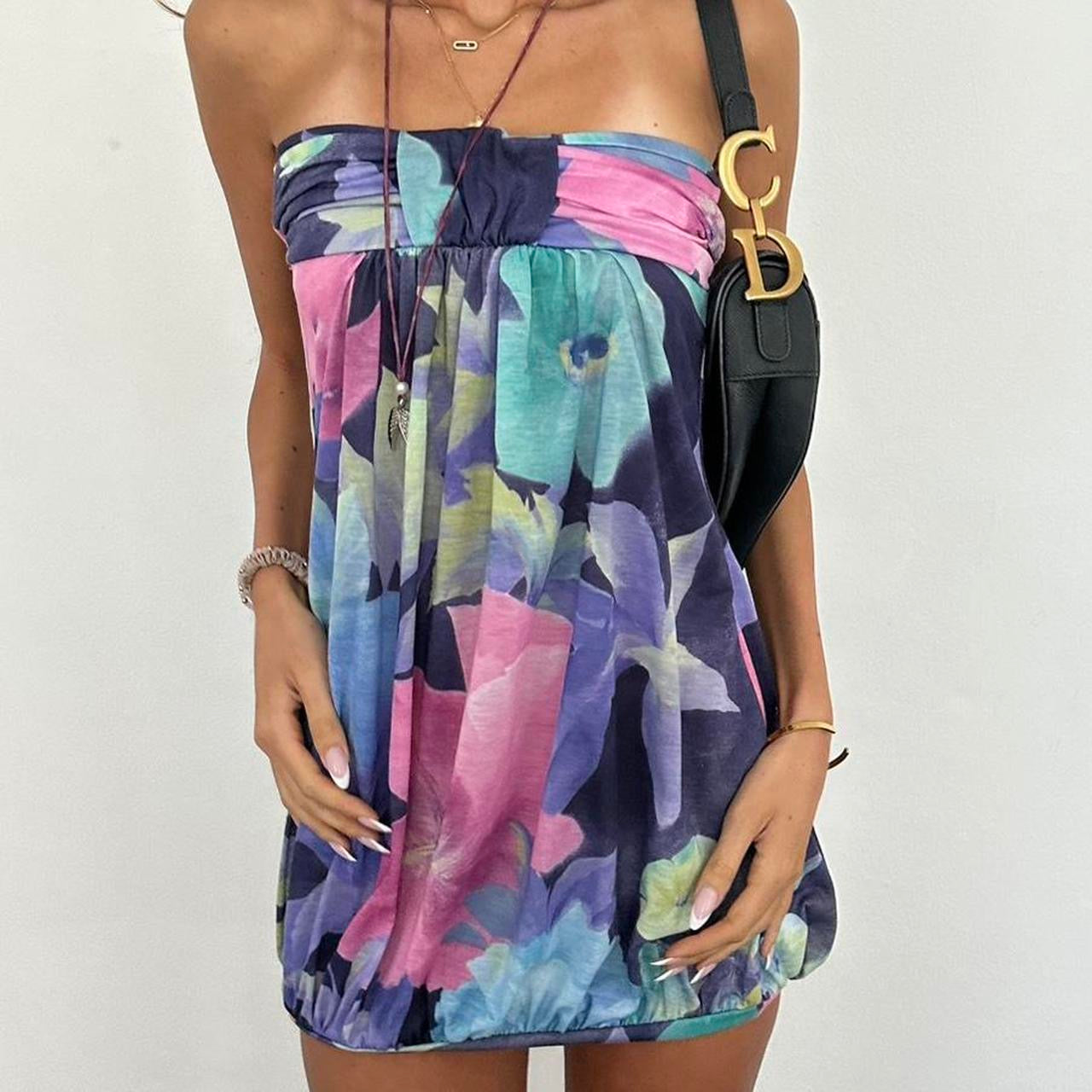 Vintage 00s flower pattern strapless dress