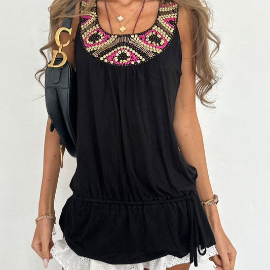 Vintage 00s black and pink beaded boho top