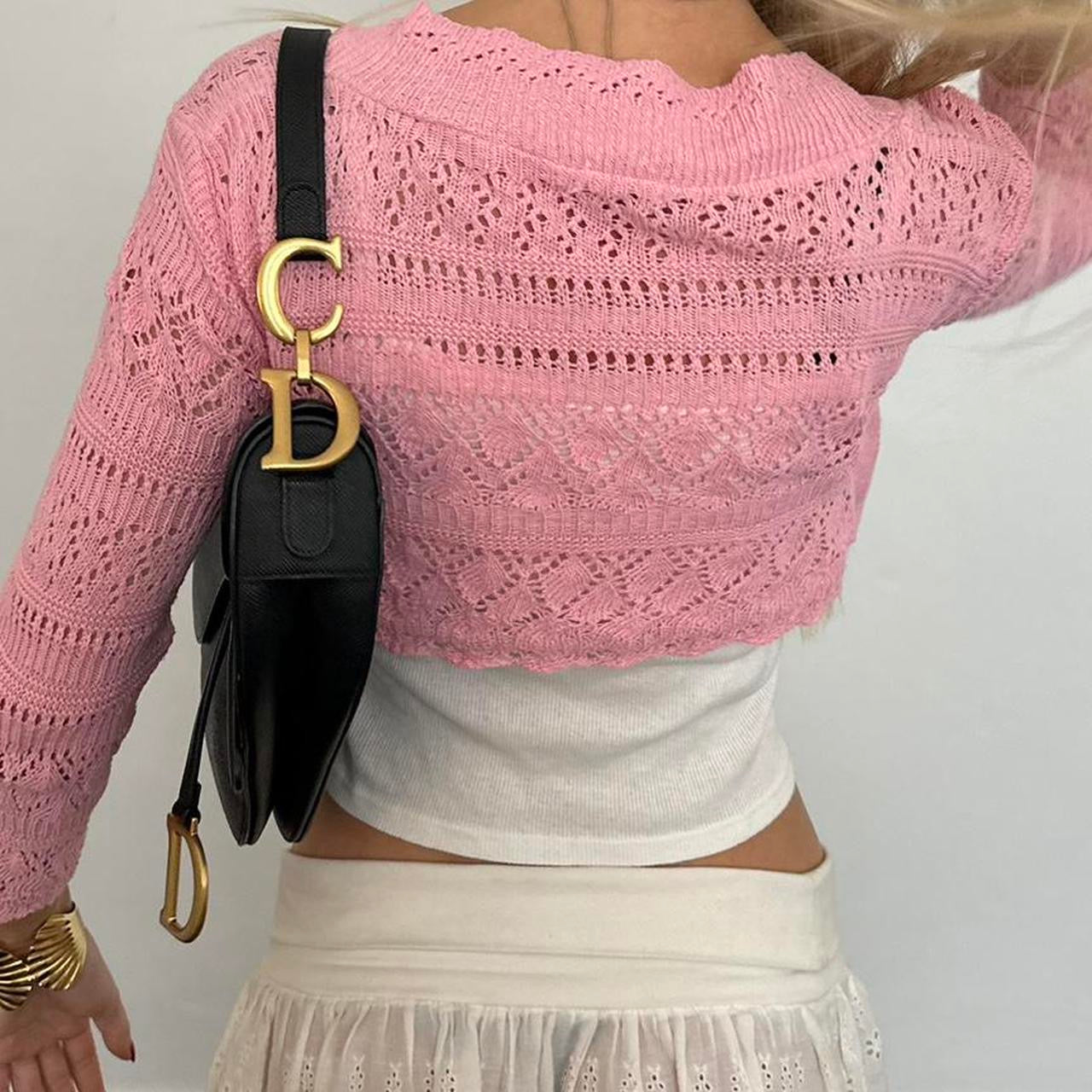 Vintage pink crochet long sleeve cardigan top