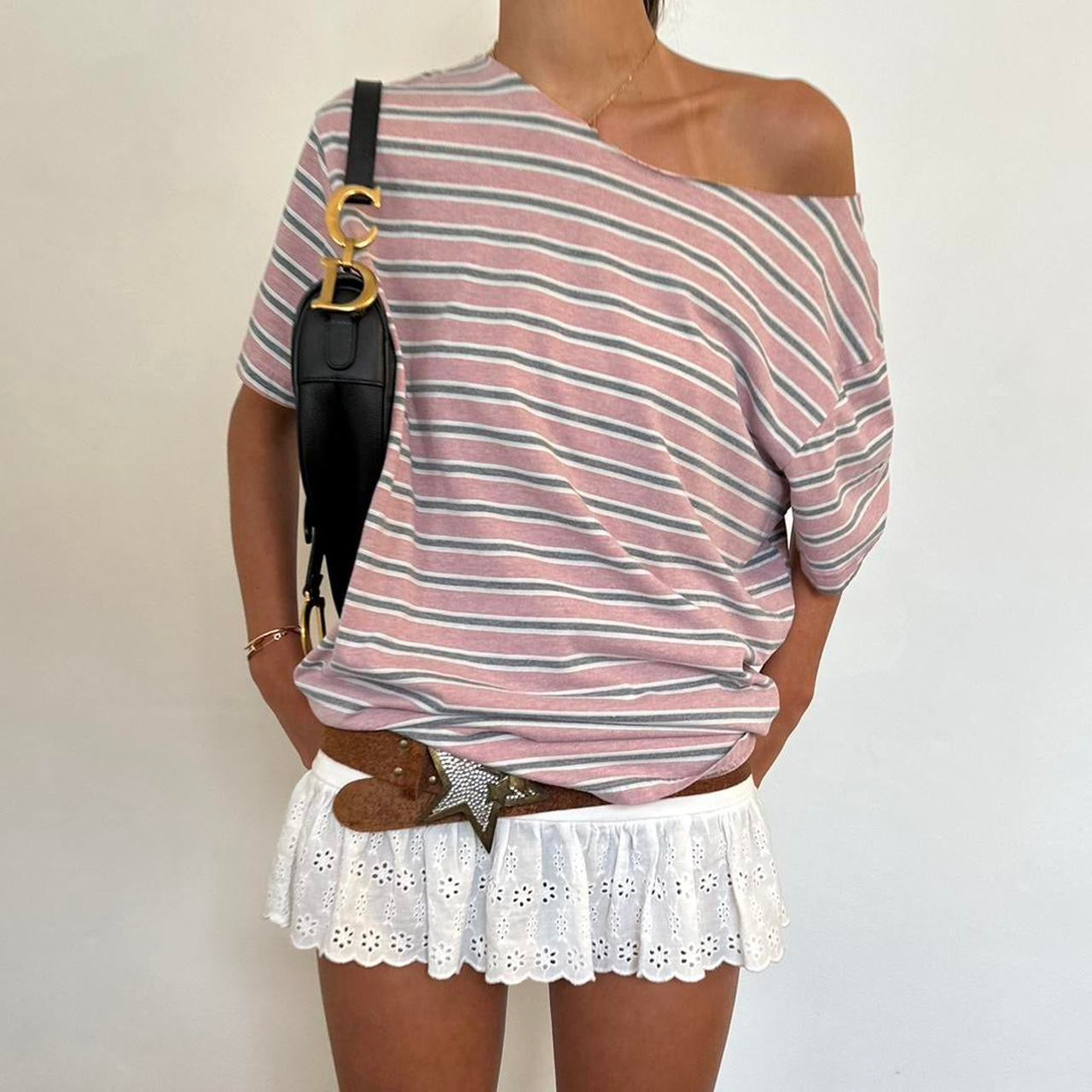 Vintage striped off the shoulder tee