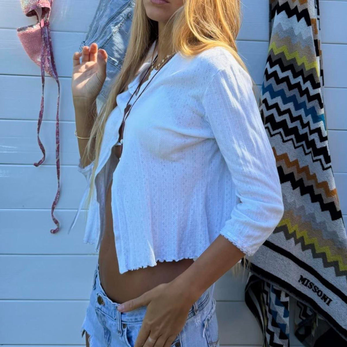 Vintage 00s pointelle white tie up layering top