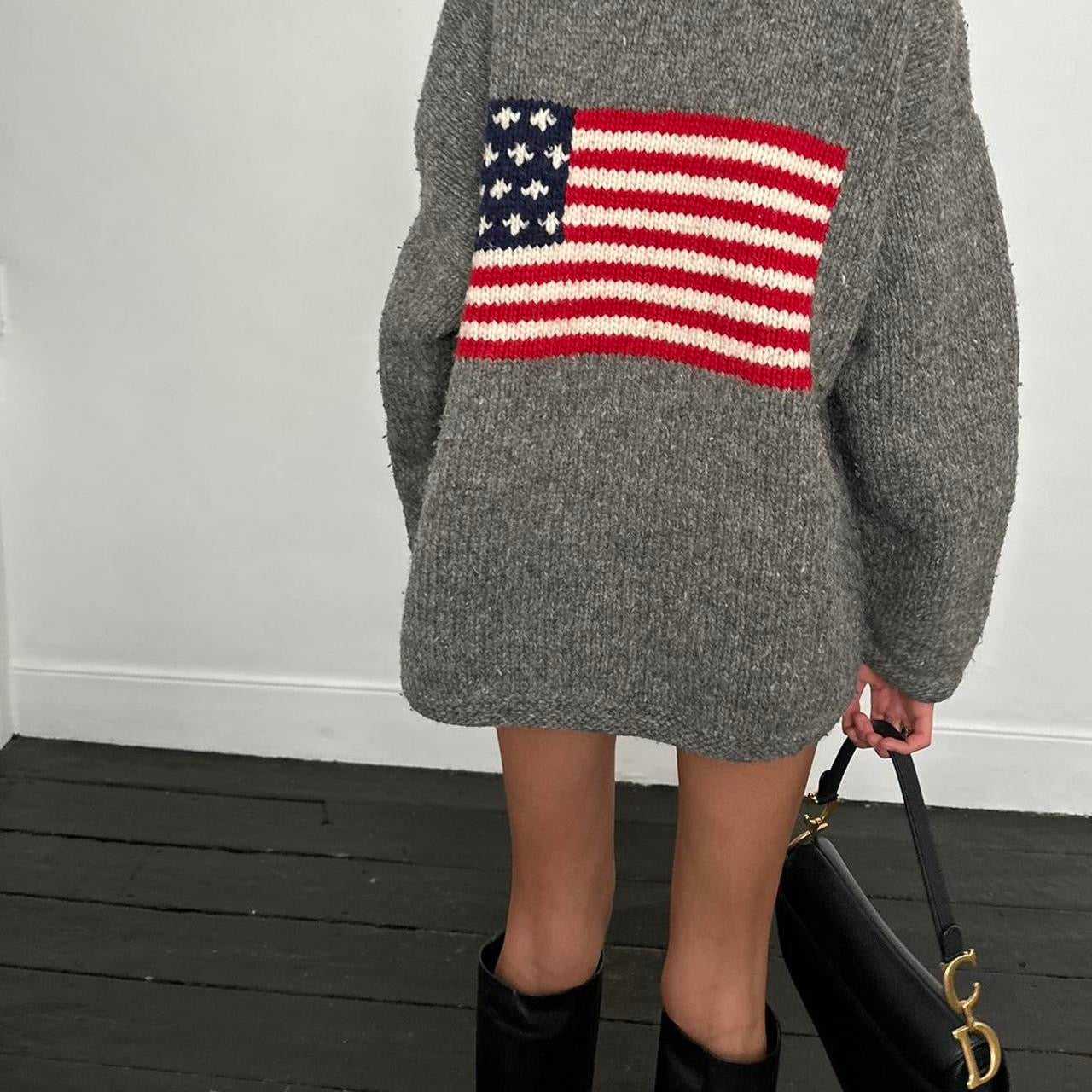 Vintage 90’s American flag grey knit zip up jacket 🤎