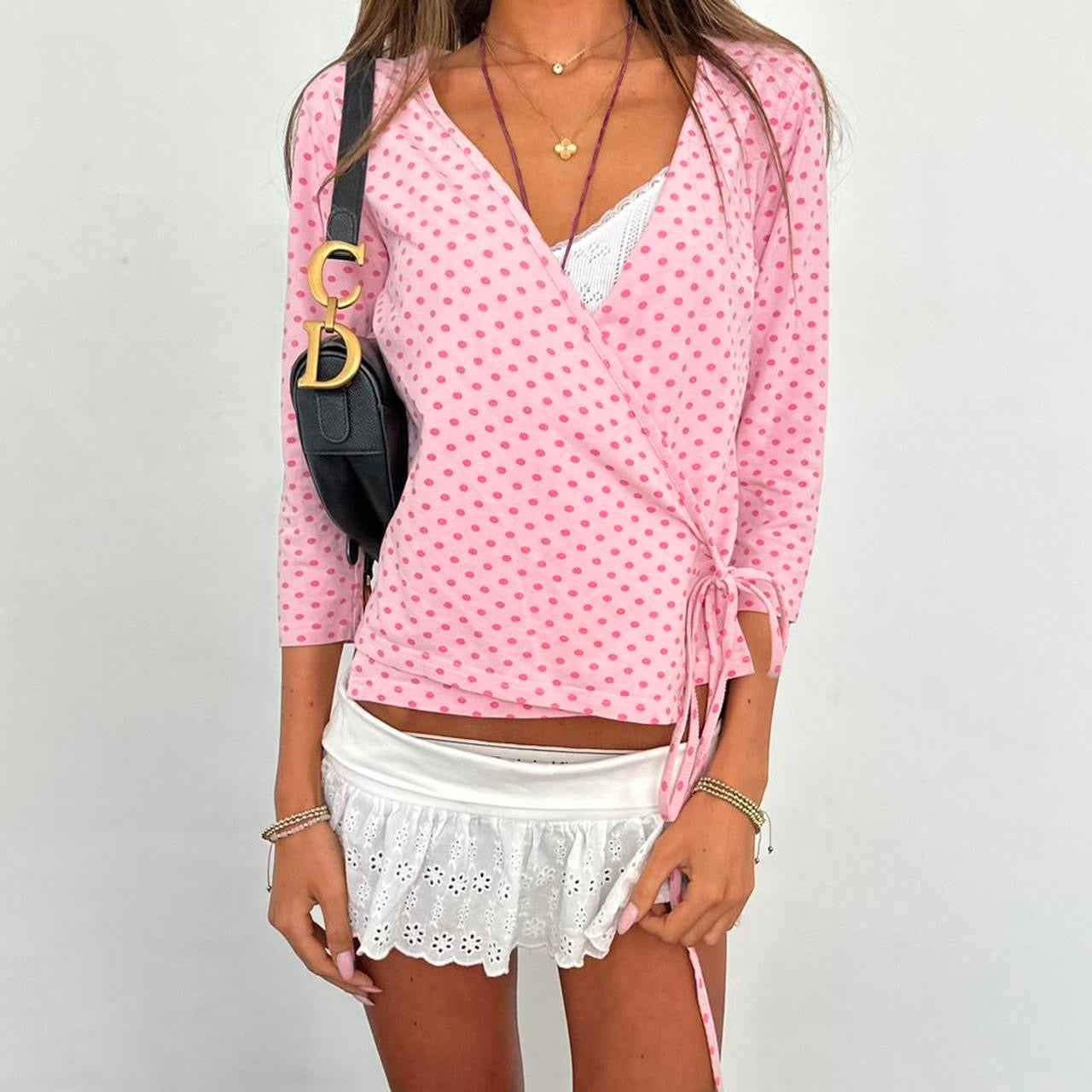 Vintage 2000s pink polka dot wrap cardigan top