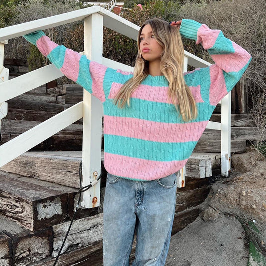 Vintage 90s Ralph Lauren rare pink and turquoise cable knit stripe sweater