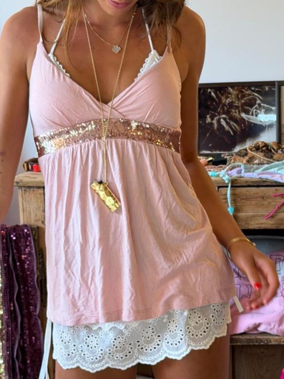 Vintage 00’s light pink sparkly cami top
