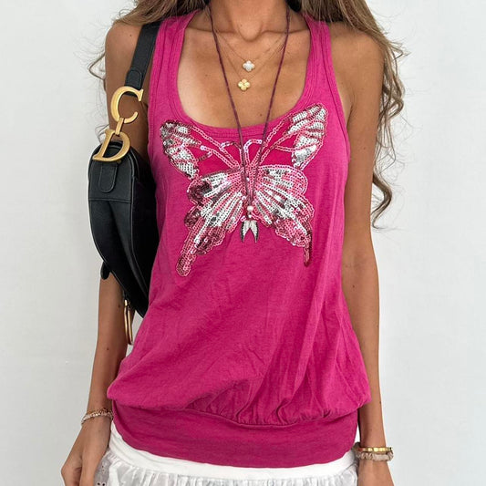 Vintage 00s pink sequin butterfly top