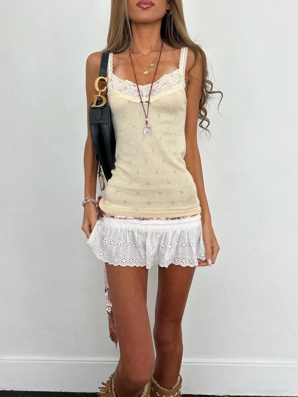 Vintage 00’s yellow pastel soft pointelle cami top