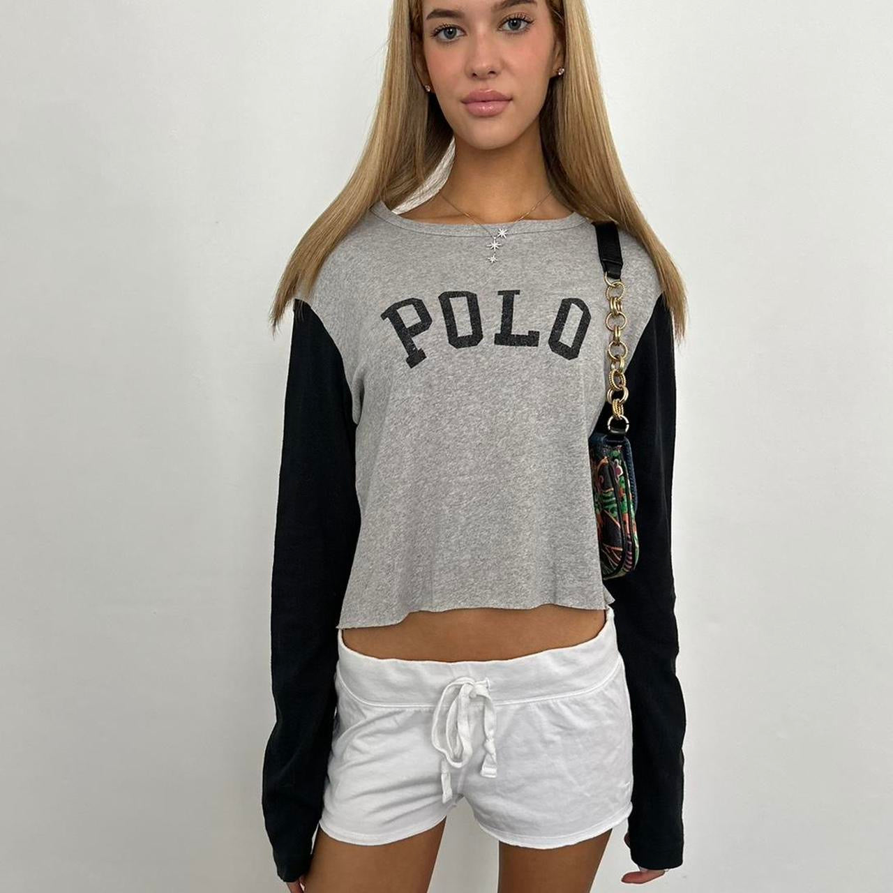 Vintage Ralph Lauren preppy grey cropped off shoulder top