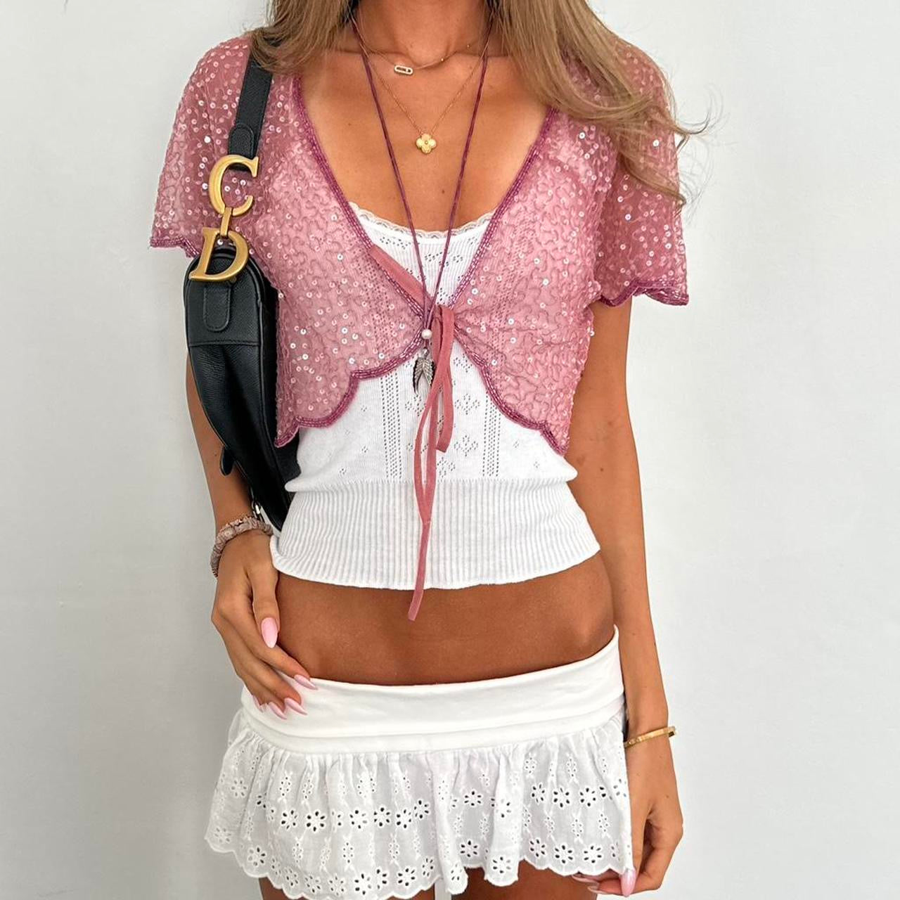 Vintage 2000s pink sequin tie up top