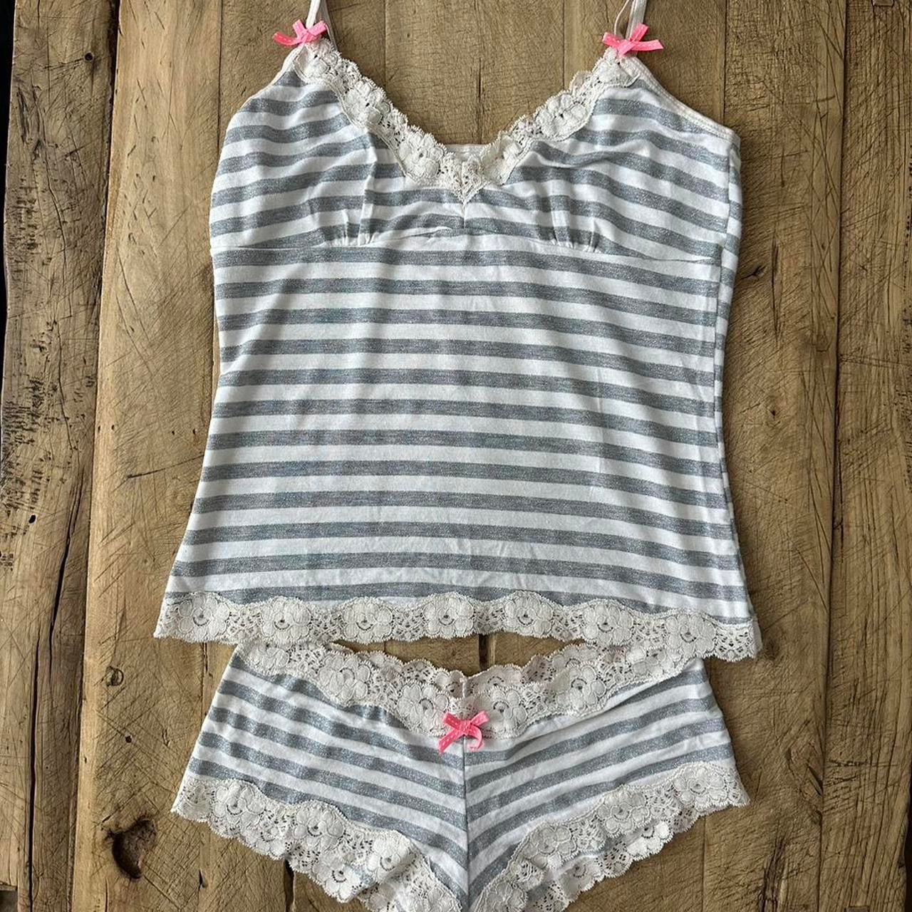 Vintage grey and white striped lace cami top and sleep shorts set