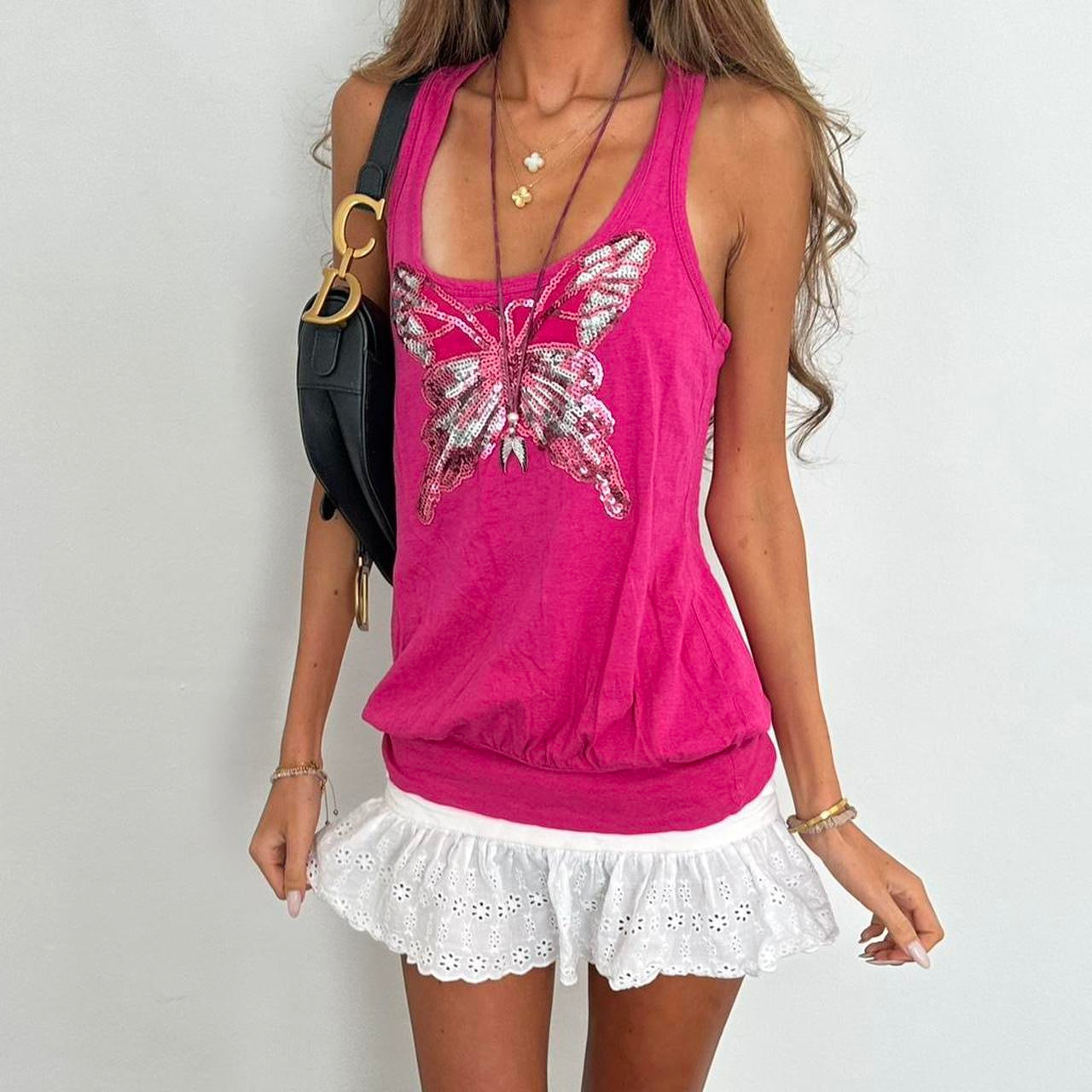 Vintage 00s pink sequin butterfly top
