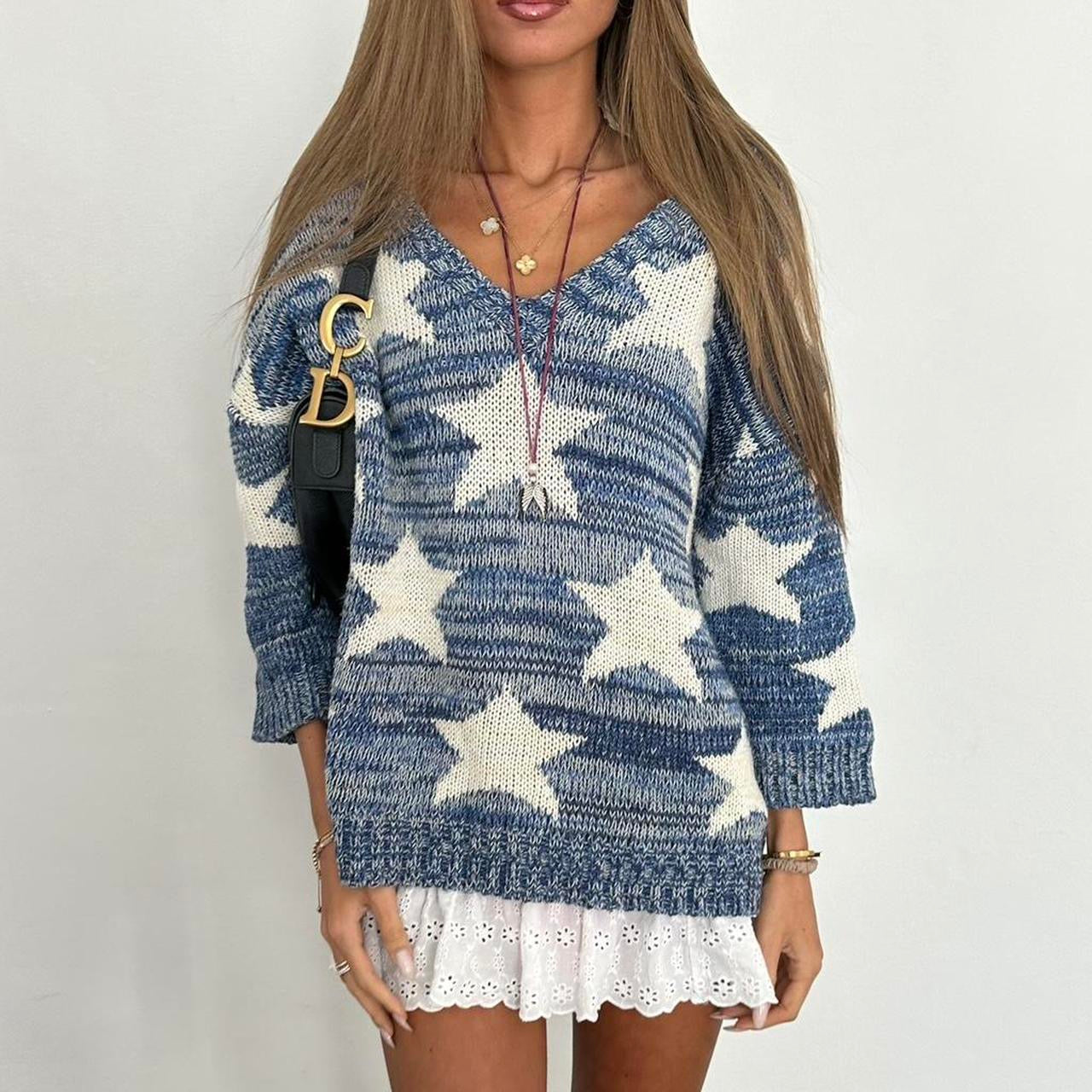 Vintage blue chunky star knit sweater