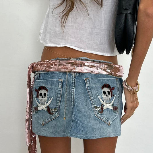 Vintage 00’s skull and cross bones pirate denim mini skirt