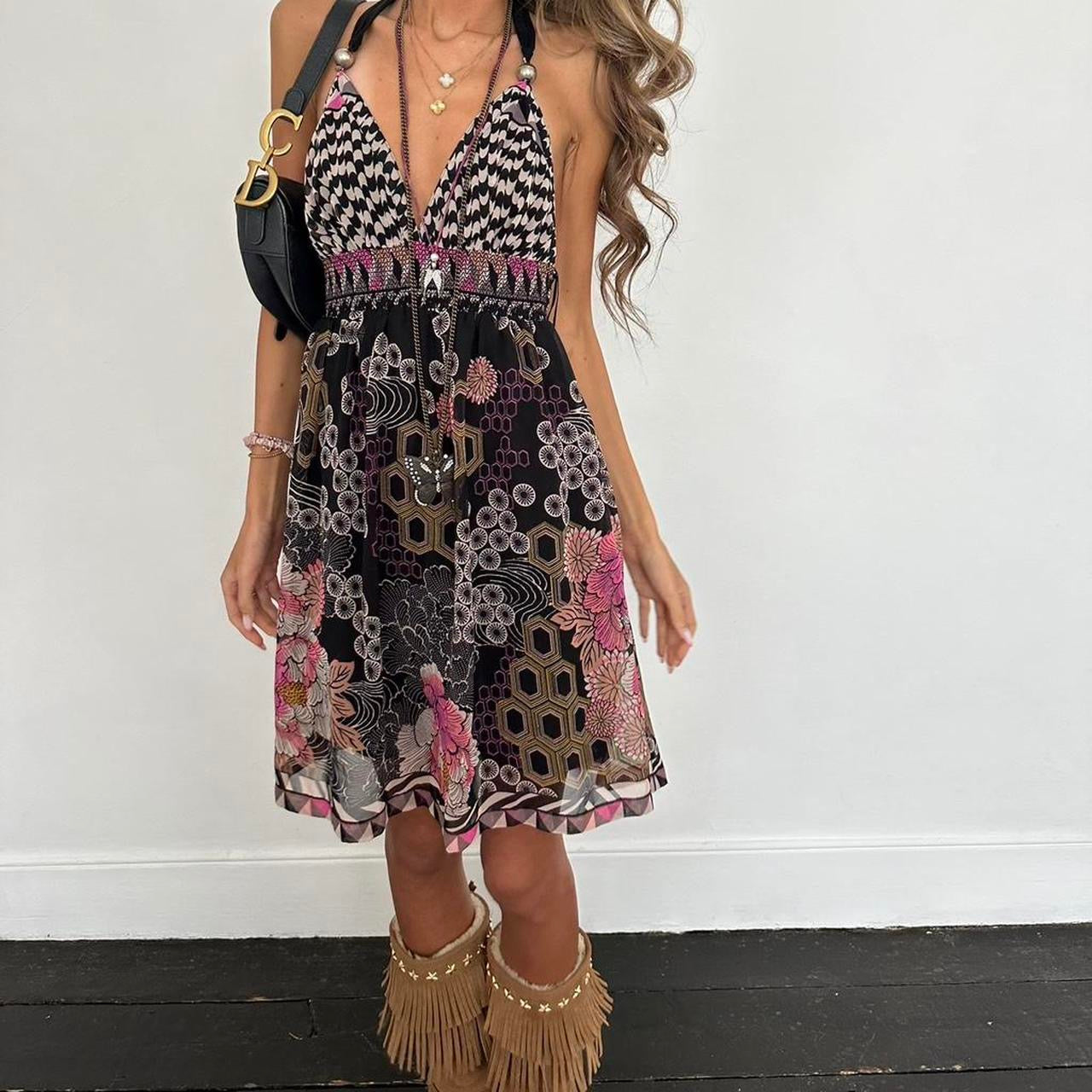 Vintage 00s boho summer halter neck dress