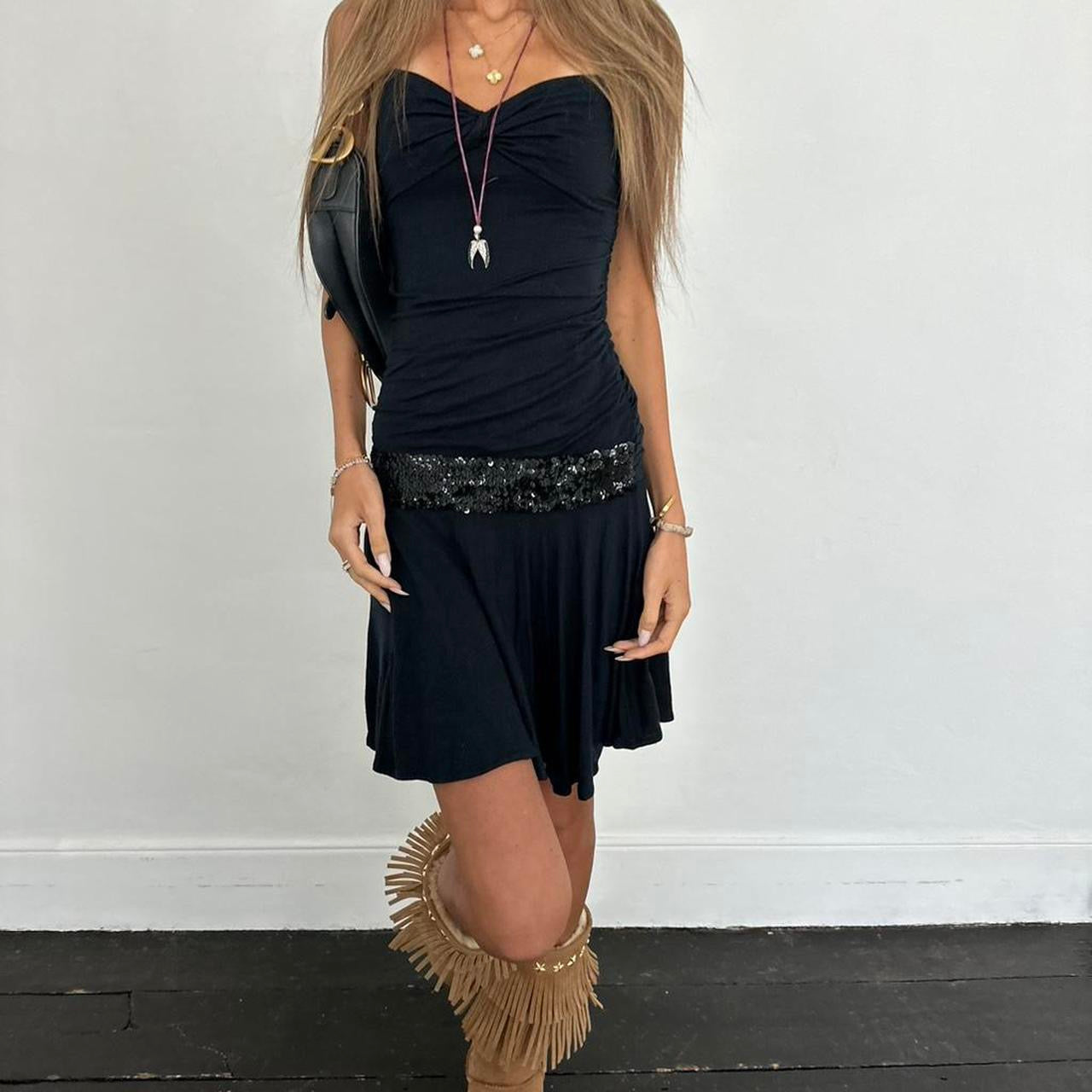 Vintage 00s strapless black sequin mini dress