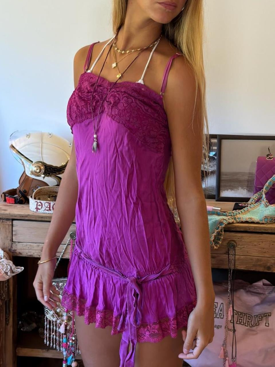 Vintage 00’s pink lace tie ruffle mini dress