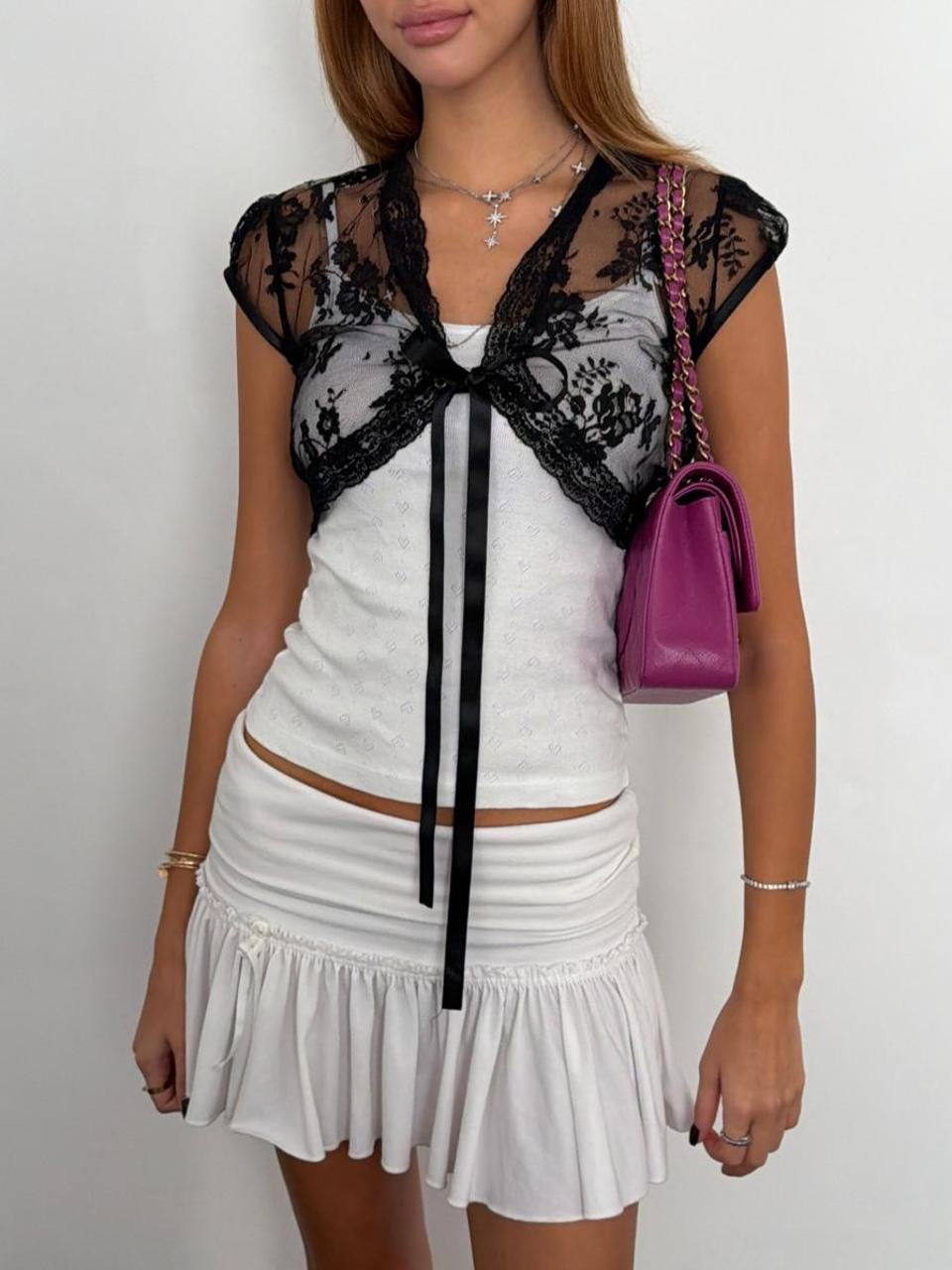 Vintage 00’s black lace ribbon tie top