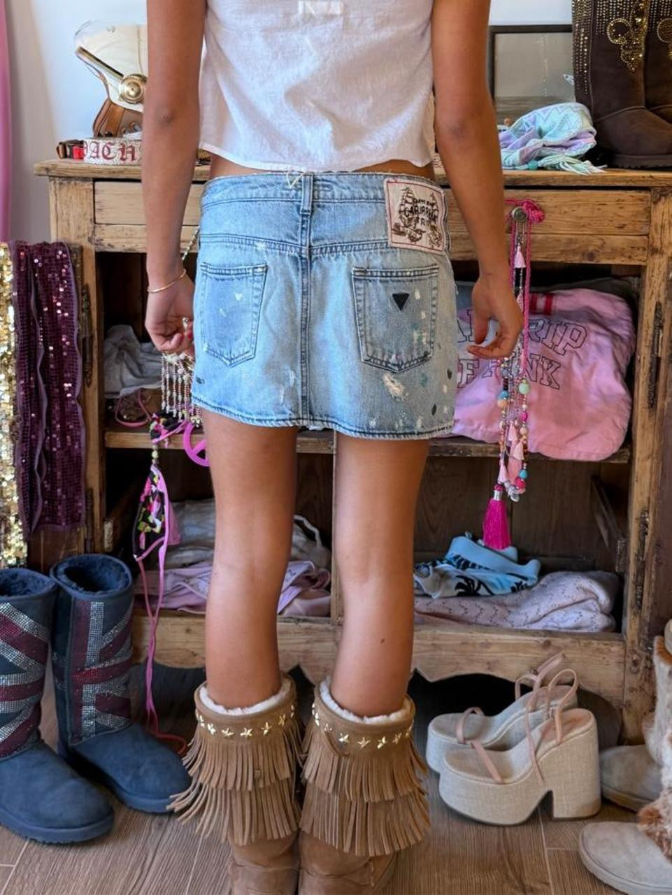 Vintage 00s palm tree distressed denim mini skirt