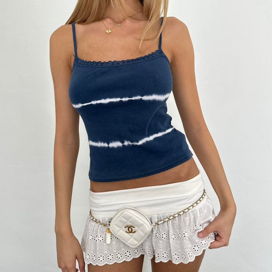 Vintage 2000’s navy and white tie dye cami top with lace trim