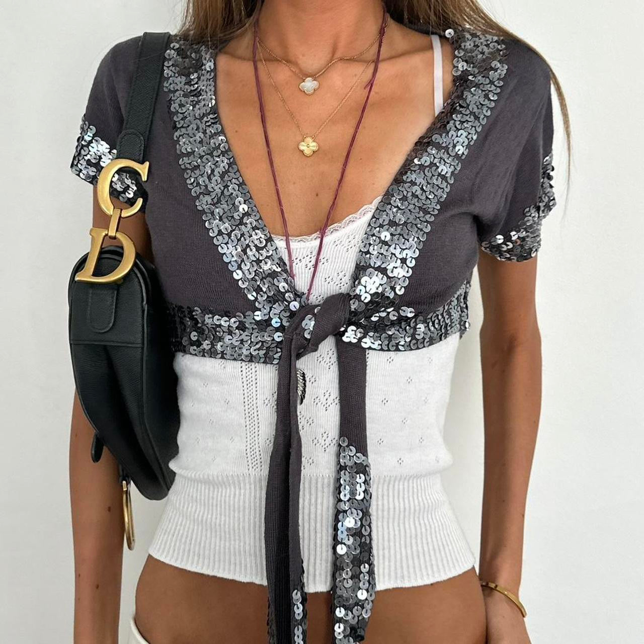 Vintage 2000s grey sequin tie up top