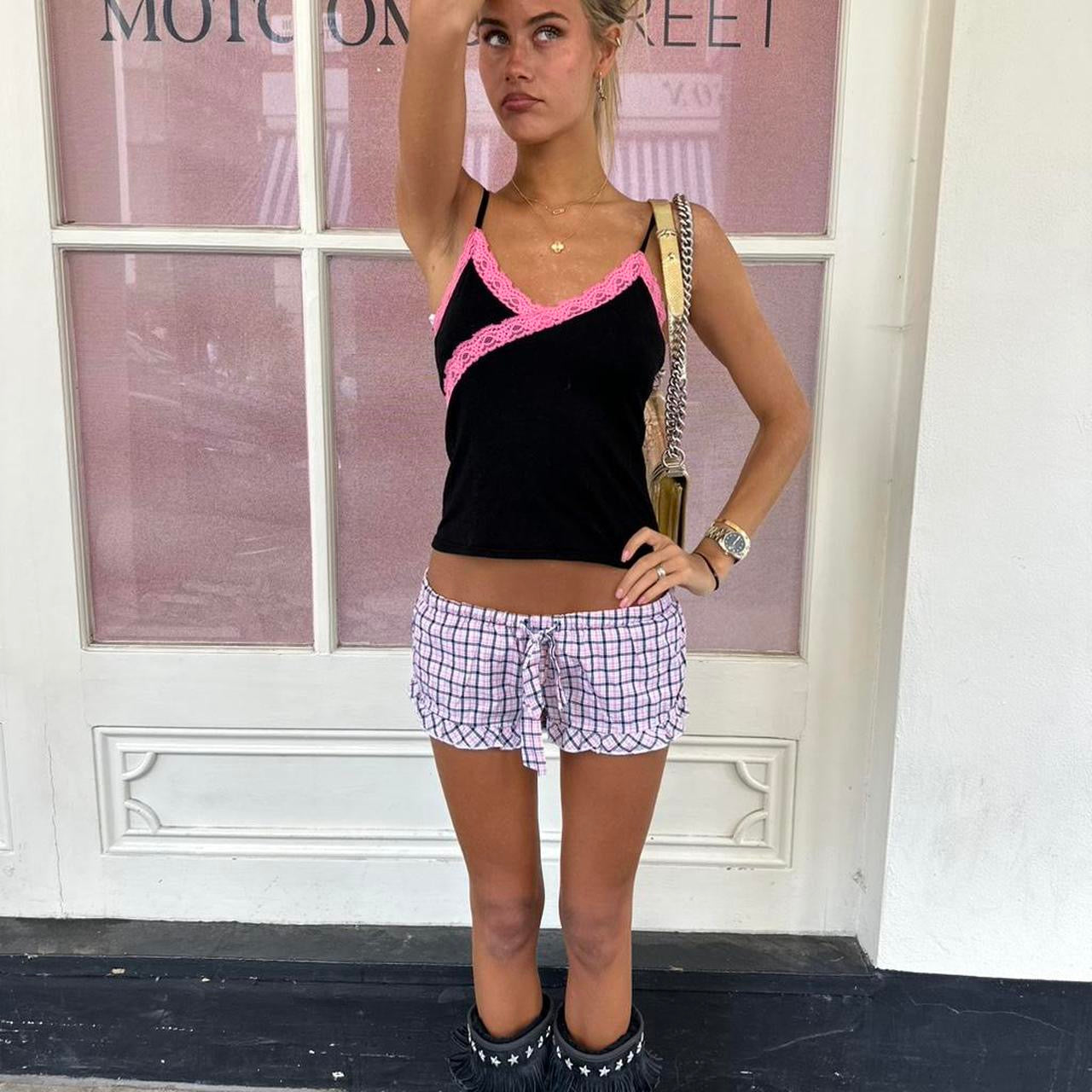 Vintage black with pink lace cami top