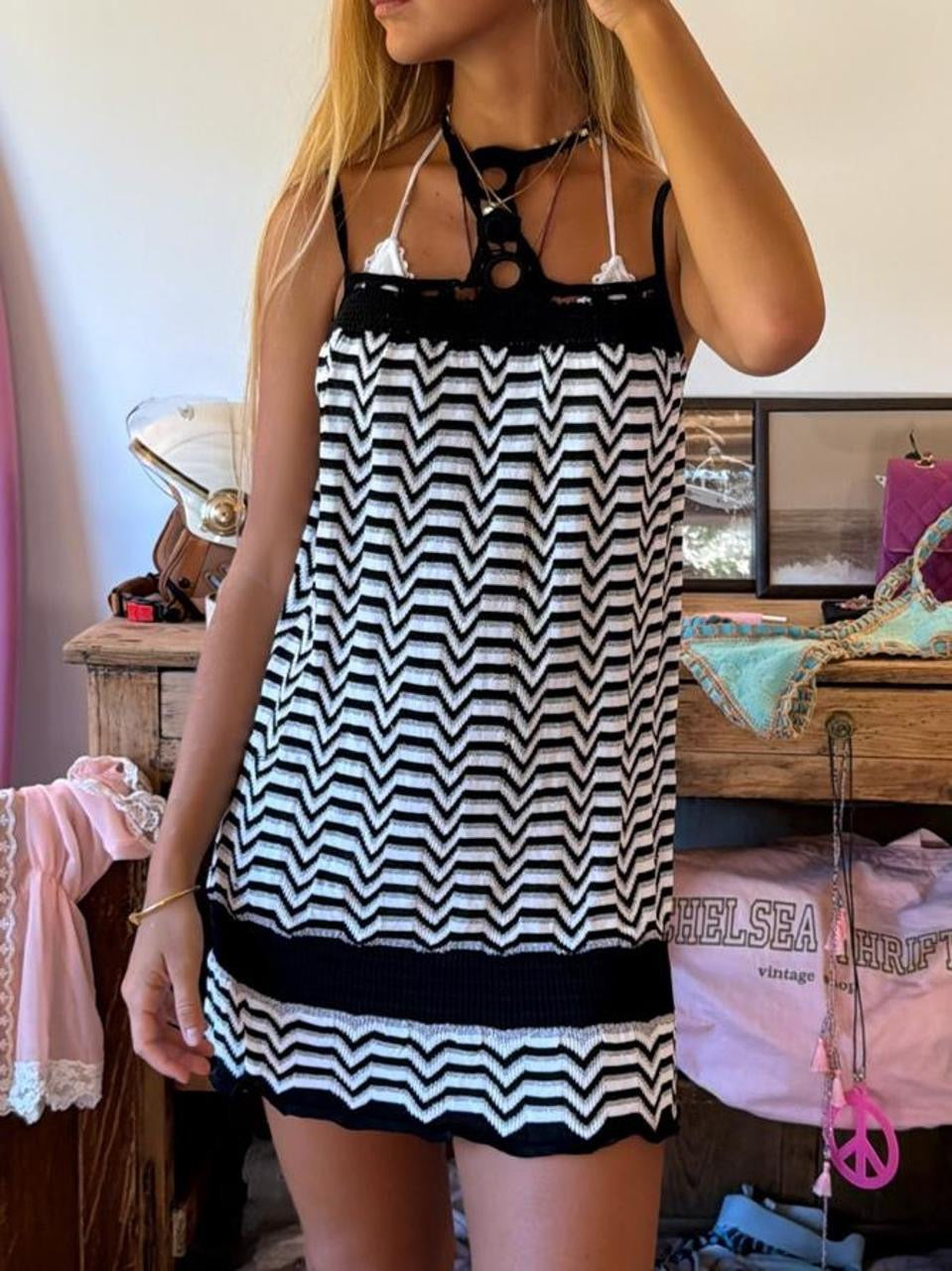 Vintage 00’s black and white halter mini dress