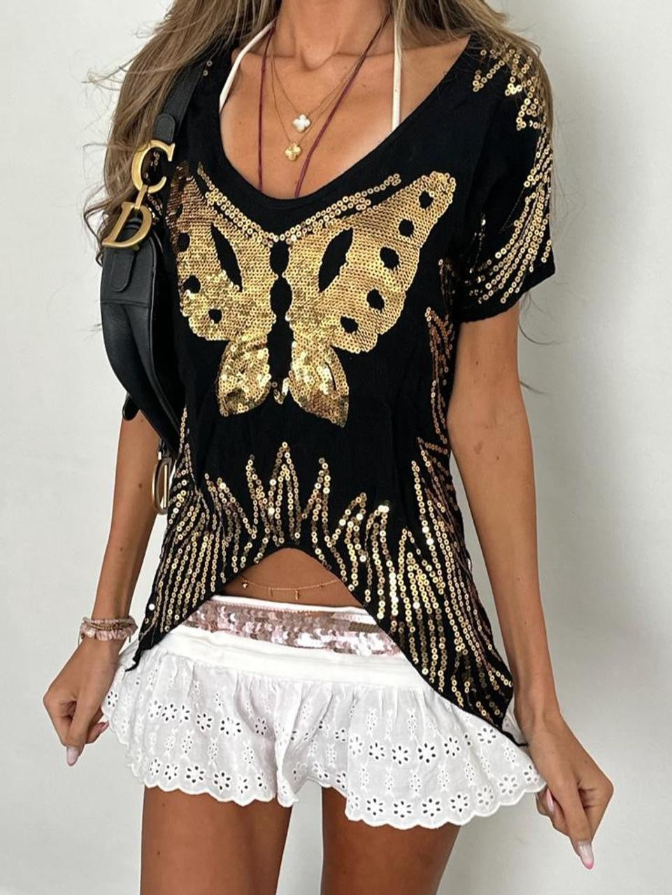 Vintage 00’s butterfly sequin black and gold top