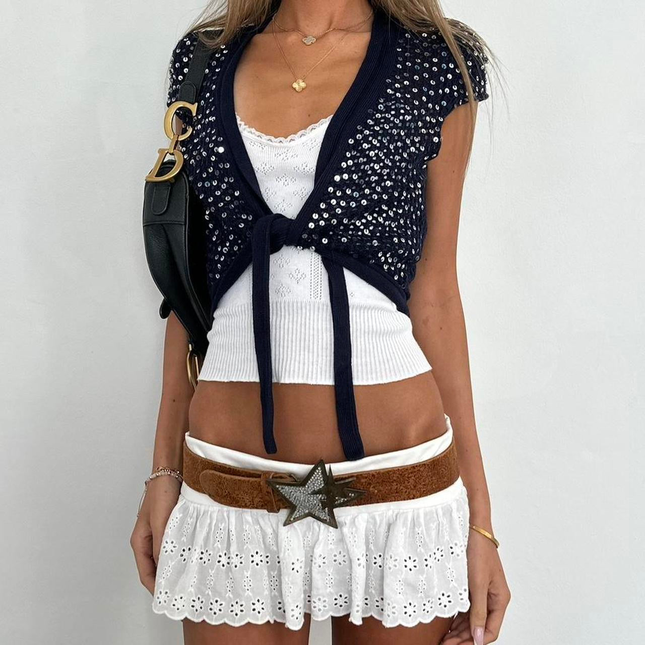 Vintage 00s navy sequin crochet layering top