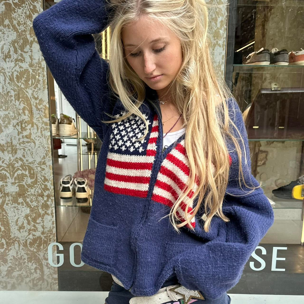 Vintage 2000’s navy American flag knitted zip up hoodie