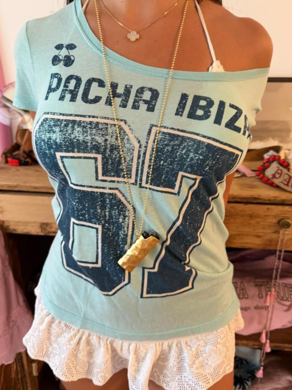 Vintage 00’s Pacha Ibiza blue graphic off the shoulder top