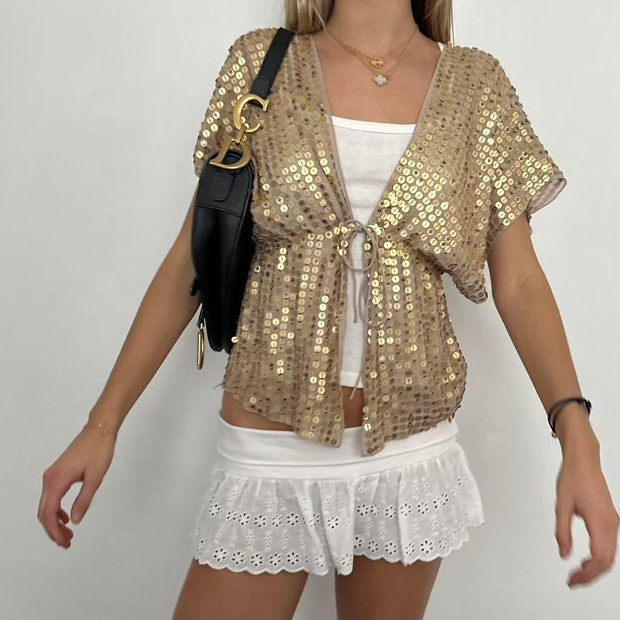 Vintage 90’s tie up gold short sleeve cardigan top